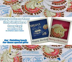 an advertisement for the merry birthday cupcakes with unicorn on top and happy birthday stickers below