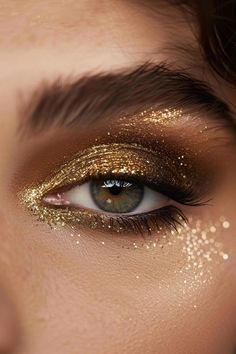 22+ Glamorous Gold Eyeshadow Ideas Disco Party Eye Makeup, Brown And Gold Makeup Looks, Brown And Gold Makeup, Aphrodite Photoshoot, Gold Shimmer Makeup, Makeup Ideas Gold, Brown And Gold Eyeshadow, Gold Foil Makeup, Aphrodite Makeup