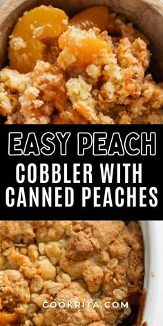 an easy peach cobbler with canned peaches in a casserole dish is ready to be eaten