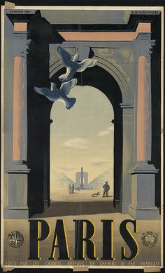 an advertisement for paris with birds flying over the arch and city in the background, vintage travel poster