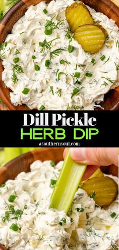 the dip is being served in a bowl with celery and pickles on top