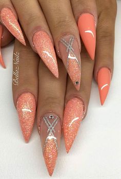 Acrylic Stiletto Nails Design, Coral Stiletto Nails, Coral Nail Designs, Glam Nails, Hot Nails, Fire Nails