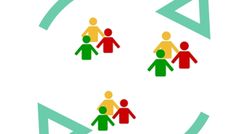 four people are standing in a circle with arrows pointing to the left and one person on the right