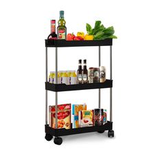 a three - tiered cart with food and condiments on wheels is shown in front of a white background