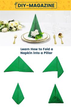 How to fold a napkin into a Pillar Folding Cloth Napkins Step By Step, Easy Napkin Fold, Napkin Tree Fold, Folding Paper Napkins For Christmas Simple, Tree Folded Napkin, Fold Napkin Like Cheisrmas Tree, Wedding Napkin Folding, Diy Napkin Folding