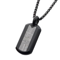 Men's Stainless Steel Meteorite Inlay Dog Tag Pendant with 24" Black IP Box Chain. Crafted using certified fragments of the Muonionalusta Iron Meteorite, which came from the core of Asteroid that landed in Scandinavia over 120,000 years ago. Rocking a piece of space history has never been so easy. The Asteroid itself predates our own Planet! Also, with the larger surface area in each piece, it is easier to recognize the naturally occurring distinctive crisscross markings of an authentic Widmasta Black Engraved Rectangular Jewelry, Black Rectangular Engraved Jewelry, Iron Meteorite, Dog Tag Pendant, Skull Pendant, Surface Area, Dog Tag, Box Chain, Scandinavia