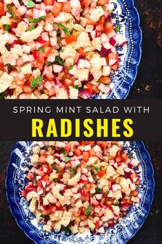 two plates filled with radishes and the words spring mint salad with radishes