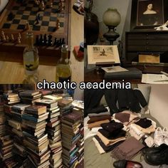 there are many books and other items on the floor next to each other in this room