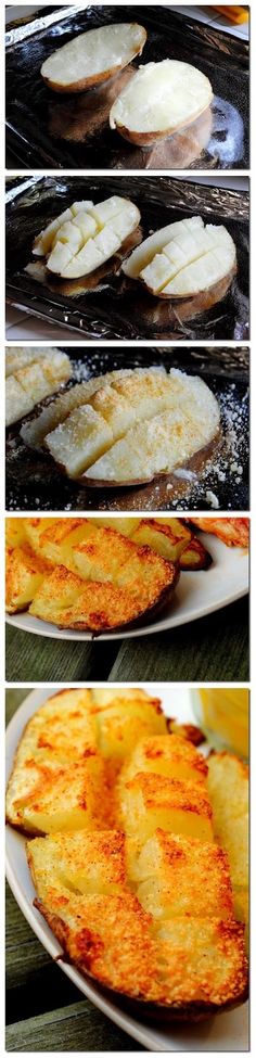 four pictures showing different types of food being cooked