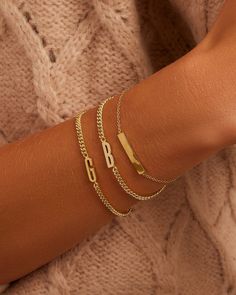 Bespoke Wilder Tag Bracelet Gold Engraved Link Chain Bracelet, Luxury Engraved Yellow Gold Charm Bracelet, Engraved Yellow Gold Link Bracelet, Everyday Luxury Gold-plated Tarnish Resistant Bracelets, Gorjana Venice Bracelet, Earrings Stacking, Mix Style, 14k Gold Necklace, Gold Necklaces