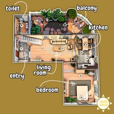 the floor plan for a small house with lots of room and furniture in it,