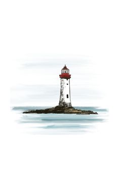 a painting of a lighthouse on an island in the middle of the ocean with blue water