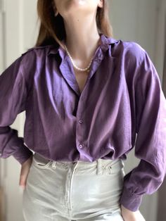 Vintage matt silk blouse 100% silk Dark violet color, boxy fit,  modeled on person 172cm tall, 94cm bust Excellent condition Measurements: Shoulders- 48cm (19") Underarms- 60cm (23,5") Length- 58cm (23") Elegant Purple Silk Blouse, Purple Button-up Daywear Shirt, Solid Color Silk Button-up Tops, Plain Silk Button-up Tops, Purple Silk Formal Blouse, Purple Silk Blouse For Work, Purple Silk Blouse For Workwear, Purple Silk Top For Formal Occasions, Formal Purple Silk Blouse