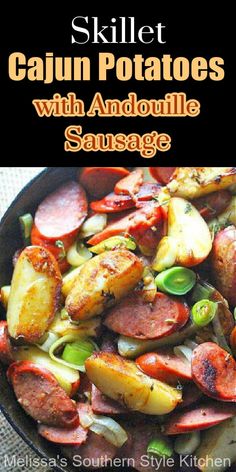 a skillet with sausage, potatoes and green onions in it is featured on the cover of this cookbook