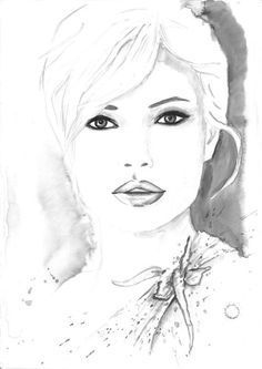 a black and white drawing of a woman's face