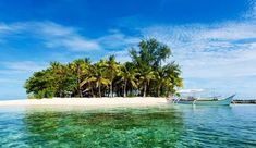 an island with palm trees in the background and a boat on the water near by