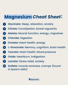 Make sure you're taking the right magnesium ⬇️  Click to learn how to choose the right type of magnesium for your needs PLUS find out the best magnesium dosage to prevent an upset stomach.  #Magnesium #HealthyAging #Healthspan #Longevity #OnThePath Different Magnesium, Health Benefits Of Magnesium, Magnesium Cheat Sheet, What Magnesium Should I Take, Different Types Of Magnesium, Magnesium L-threonate Benefits, Types Of Magnesium Chart, When To Take Magnesium, Magnesium Types And Uses