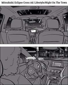 the inside and outside view of a car at night, with two different views of the interior