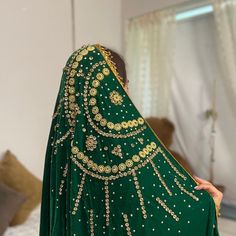 Traditional green and gold nikah shawl. Perfect for traditional style for the brides. Gold Lehenga With Dabka In Traditional Drape, Green Dabka Dupatta For Wedding, Green Wedding Dupatta With Dabka, Green Wedding Dupatta With Dabka Detail, Green Dupatta With Dabka For Wedding, Gold Lehenga For Eid And Traditional Ceremonies, Gold Lehenga For Eid Ceremonies, Gold Dupatta With Dabka, Unstitched, Wedding Saree With Dabka For Eid