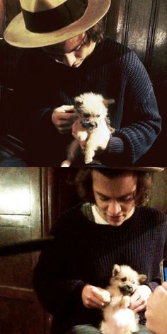 two pictures of a man holding a small dog in his lap and looking at the camera