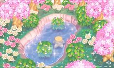 a painting of a pond surrounded by pink flowers