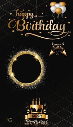 happy birthday card with gold balloons and sparkles on black background - cards print templates