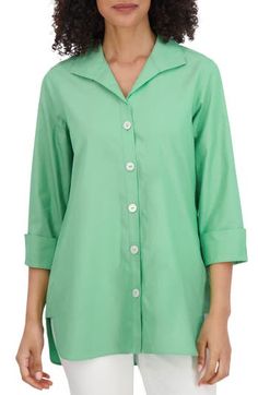 A wardrobe-staple shirt with three-quarter sleeves is tailored from crisp cotton that looks fresh and neat right out of the dryer. Front button closure Wing collar Three-quarter sleeves 100% cotton Machine wash, tumble dry Imported Point of View Green Top With 3/4 Sleeves And Button Closure, Cotton Shirt With Button Closure And 3/4 Sleeves, Cotton Shirt With 3/4 Sleeves And Button Closure, Cotton Workwear Shirt With 3/4 Sleeves, Green 3/4 Sleeve Shirt For Spring, Cotton Shirt With 3/4 Roll-up Sleeves, Cotton Shirt With Roll-up 3/4 Sleeves, Cotton Shirt With 3/4 Sleeves And Placket, Cotton Blouse With Button Closure And 3/4 Sleeves