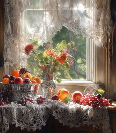 a painting of fruit and flowers on a table in front of a window with lace curtains