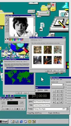 an image of a computer screen with many different images on the monitor and in front of it