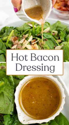 a person pouring dressing into a salad with lettuce and bacon on the side