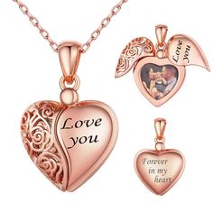 PRICES MAY VARY. 【Beautiful Locket Necklace]: Cute & Classic Heart Shape, Half Filigree Flower and Half Side Polised Engraved with I Love You Design,Locket that Holds Photo and Carry Sweet Message. [Material & Craftmanship]: whole necklace(chain and pendant) is made on 925 sterling silver, plated with Rose Gold, Romantic Color, hypoallergenic, lead free, nickel free, skin friendly, delicate and urable, highly Resistant to Rusting and Tarnishing. SIZE: Heart Pendant Measures 0.98"x 0.6"(25mm*16mm Engraved Locket, Picture Necklace, Sweet Message, Heart Locket Necklace, Romantic Colors, Nose Rings Hoop, Photo Locket, Heart Locket, Engraved Necklace