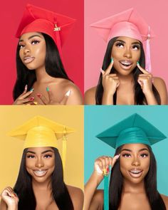 four photos of women wearing graduation caps and gowns, one is holding a toothbrush