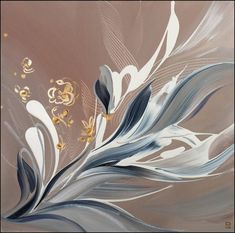 an abstract painting with gold and silver accents on a brown background is featured in this image