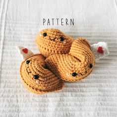 three crocheted stuffed animals sitting on top of a white sheet with text overlay