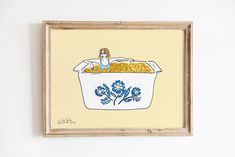 a painting of a woman sitting in a tub filled with pasta and vegetables on the wall