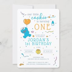 a cookie monster birthday party card with the words, our little cookie is turning two