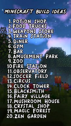 the minecraft build ideas list is shown in this screenshote image, which shows how