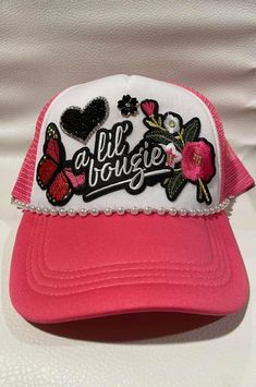 Trucker Hat with patches and accessories Trucker Hats With Patches, Hat With Patches, Hat Patches, Diy Hat, Hat Ideas, Beautiful Mess, Trucker Hats, Hat Designs, Trucker Cap