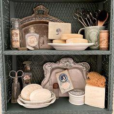 two shelves filled with different types of items