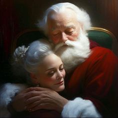 a painting of santa claus hugging a woman's head with her arms wrapped around her