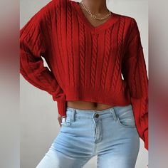 New Boutique Item Red Cable Knit V Neck Cropped Pullover Sweater 100% Acrylic S(4), M(6), L(8/10), Xl(12) Cropped Red Sweater, Red V Neck Sweater, Sleeve Crop Sweater, Crop Pullover, Knit V Neck, V Neck Pullover, Cropped Pullover, Custom Made Clothing, Crop Sweater