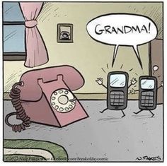 an old fashioned phone is being watched by two cartoon characters, who are talking to each other