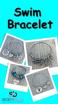 three different bracelets with charms on them and the words swim braceet written in black ink