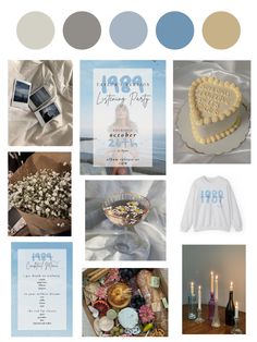 a collage of photos with candles, cake and other items in it that include an open book