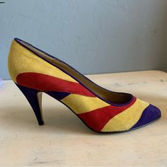 Gvc, Never Worn Size 6 Circa 80s *Please See All Photos. Photos Are Considered A Part Of The Description. Last Two Pictures Show Stain On Inside Heel Of One Shoe And The Top Of The Foot Bed Pulling Up Slightly. Never Worn Morgan Taylor Heels Yellow, Red, And Purple Suede. Very Comfortable Padded Area For The Balls Of Your Foot Made In Spain Fast Shipper Add 2 Or More Items To A Bundle For An Automatic Discount New To Poshmark? Use Code Aim79 When You Sign Up To Save $10 On Your First Order! Retro Yellow Heels For Party, Yellow Retro Heels For Party, Vintage Yellow Pointed Toe Heels, Vintage Yellow Heels For Summer, Vintage Yellow Summer Heels, Yellow Vintage Heels For Summer, Vintage Yellow Heels With Round Toe, Retro Multicolor High Heels, Retro Multicolor Heels With Round Toe