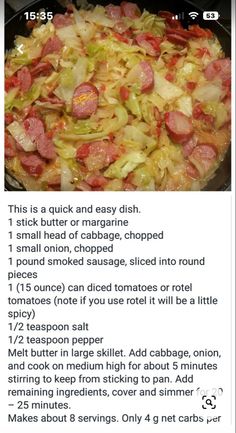 the recipe for cabbage and sausage is shown