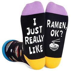 Ramen SocksThese unisex ramen noodle socks feature eggs and bowls of ramen with chopsticks at the top. At the bottom, there is a funny saying "I JUST REALLY LIKE RAMEN, OK?".Size & PackageOur unisex design fits most men's US size 6-13 feet and most women's US size 7 and up. Each pair of funny socks comes in a plastic zippered bag.Quality MaterialOur novelty socks are made of 80% cotton, 15% polyamide, and 5% elastane to ensure they are soft, comfortable, stretchy, and breathable. They won't fade Ramen Gifts, Food Socks, Noodles Lover, Silly Socks, Holiday Socks, Zippered Bag, Ramen Noodle, Women's Socks, Men's Socks