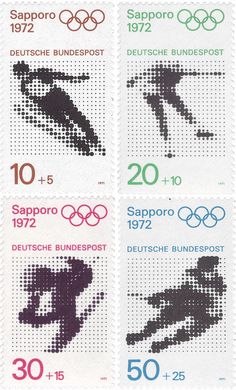 stamps with the olympic games in different colors and numbers on each one side, including an image of a skier