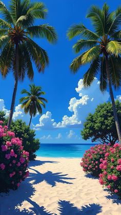 a painting of palm trees and pink flowers on a beach with the ocean in the background