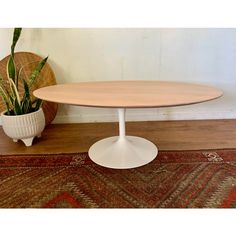 an oval table with a wooden top and white base on a rug next to a potted plant